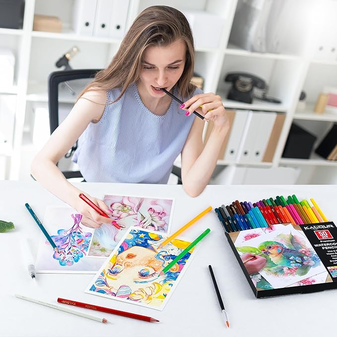 KALOUR Watercolor Pencils,50 Colors, Blendable Wet or Dry, Ideal for Coloring Books and Art