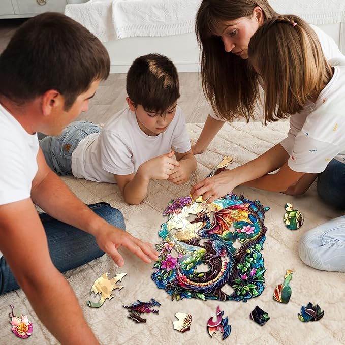 Wooden Puzzles for Adults - Dragon in Moonlight Wooden Jigsaw Puzzle, Unique Animal Shaped Wood Puzzles Adult, Christmas Birthday Gifts for Friends/Family, Home Decor 13.4 * 10.9in 250pcs