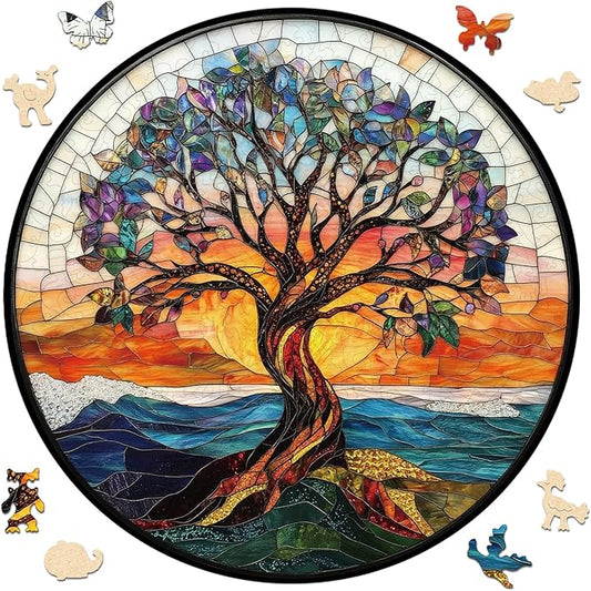 Wooden Puzzles for Adults, Stained Glass Puzzles Tree of Life 200 Piece,5MM Thickness, Tree Jigsaw Puzzles, Irregular Wood Creative for Adults and Kids Family Games