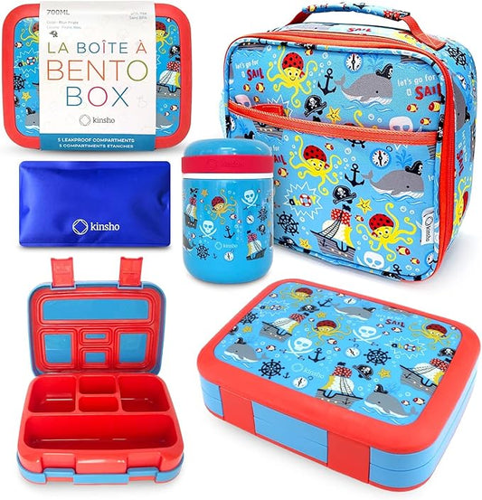 Bento Box with Thermo and Insulated Lunch Bag Set for Kids Boys Toddlers, 5 Compartment Lunch-box with Ice Pack and Utensil, For Hot and Cold Food, Soup, Blue Pirates