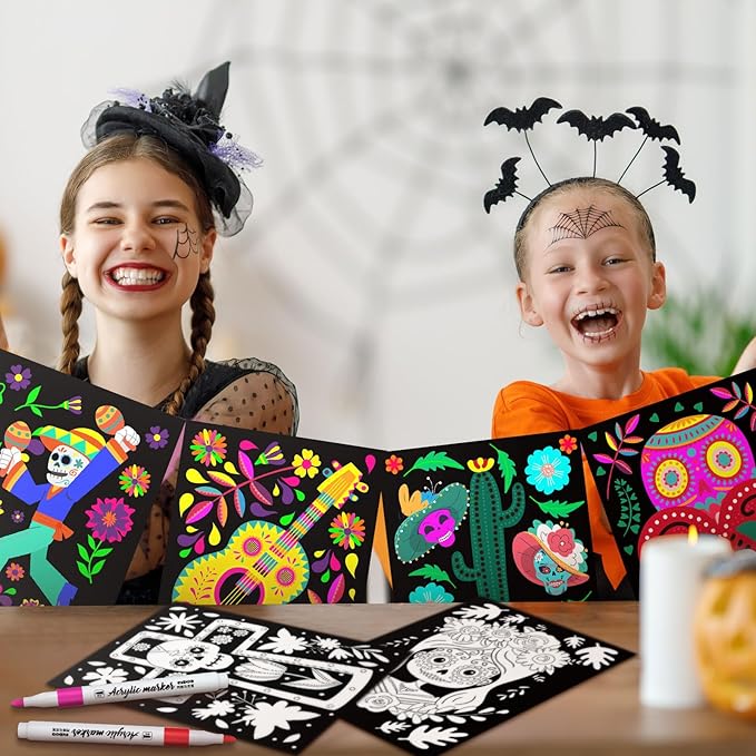 Zhanmai Pack of 48 Day of The Dead Sugar Skull Velvet Coloring Posters and Watercolor Pens Dia De Muertos Fuzzy Velvet Coloring Posters for Adults Teenagers Large Poster Arts Crafts