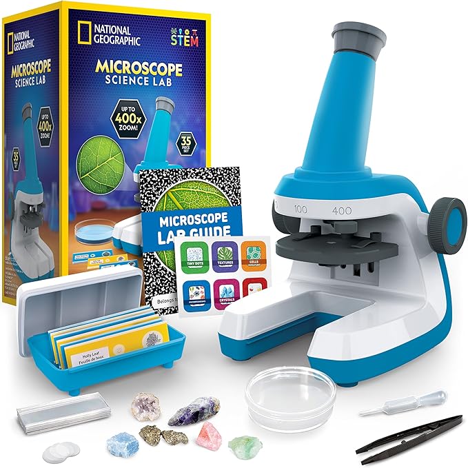 National Geographic Microscope for Kids - Science Kit with an Easy-to-Use Kids Microscope, Up to 400x Zoom, Blank and Prepared Slides, Gifts for 6 7 8 9 & 10, STEM Project Toy (Amazon Exclusive)
