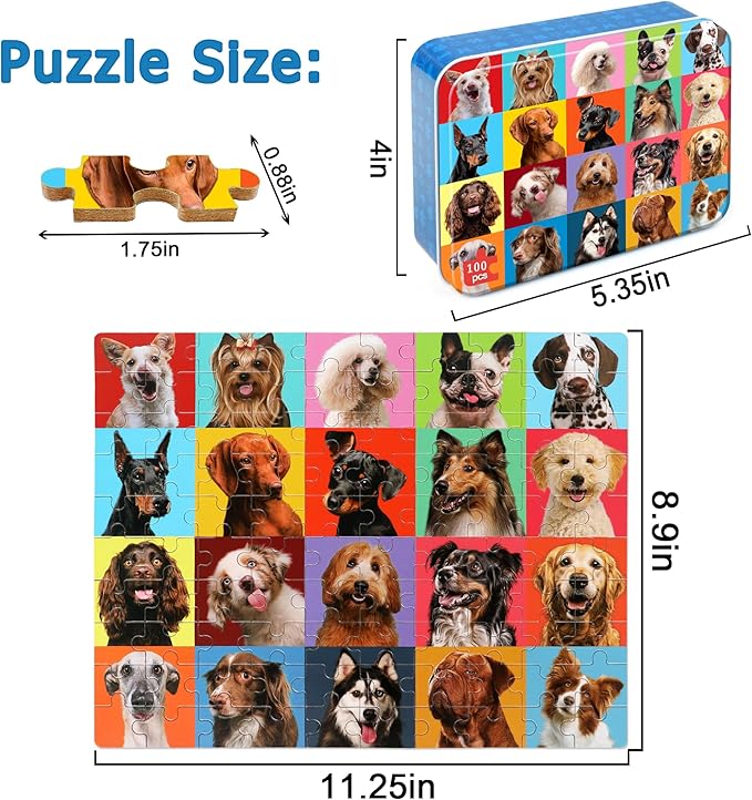 LELEMON Puzzles for Kids Ages 4-6,Dog Puzzle 100 Piece Puzzles for Kids Ages 4-8 in a Metal Box, Educational Kids Puzzles Jigsaw Puzzles 100 Piece Puzzle Games Puzzle Toys for Girls and Boys