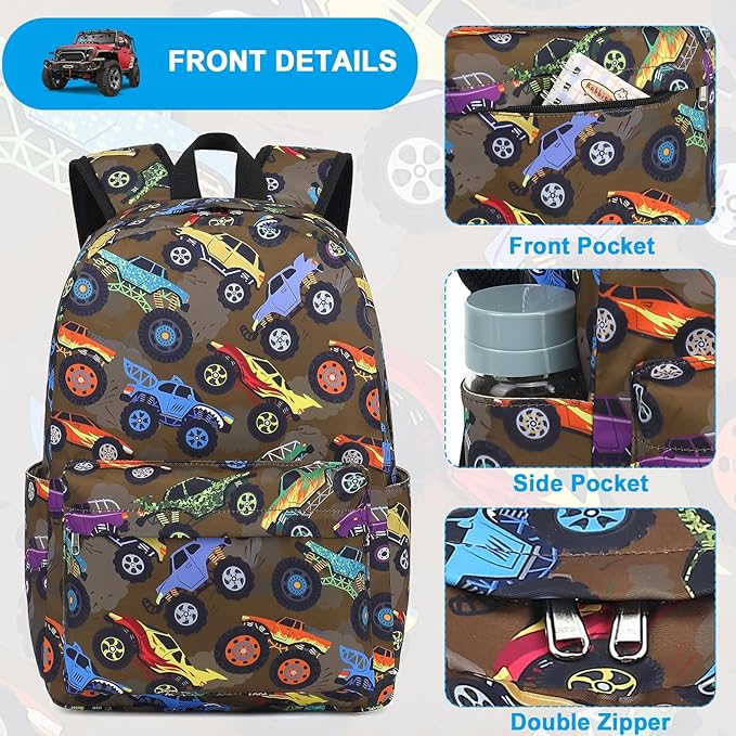 LEDAOU Kids School Backpack with Lunch Box for Boy Kindergarten BookBag School Bag Preschool Kindergarten Toddler Backpack (Off-road Vehicle Brown)