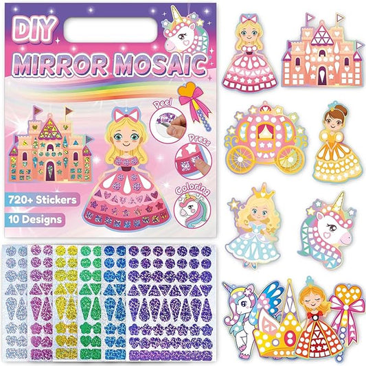 iGetooy 10 Sets DIY Mosaic Stickers for Kids, Princess & Unicorn Art Craft Kit with 720+ Stickers, Travel Toys for Kids, Birthday Gifts for Girls Boys 3-8 Year Olds