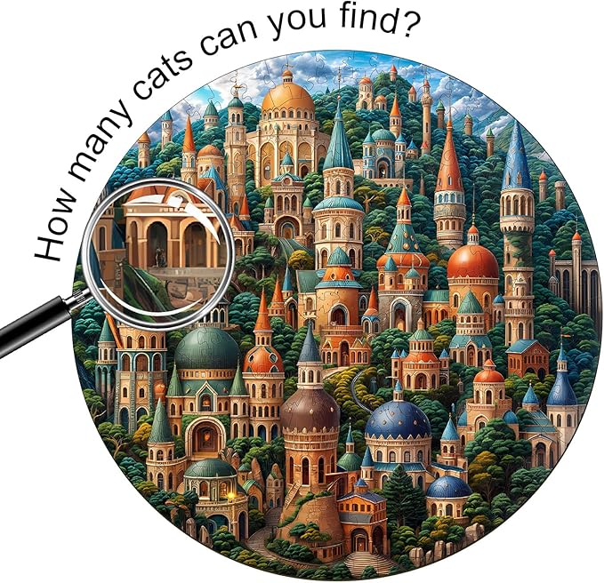 Wooden Puzzles for Adults, Wooden Jigsaw Puzzles for Adults-Seek and Find Cats, Castle Unique Shaped Wood Puzzles Adult, Birthday Gifts for Friends Family Game, Home Decor (11.4 * 11.4in 200pcs)