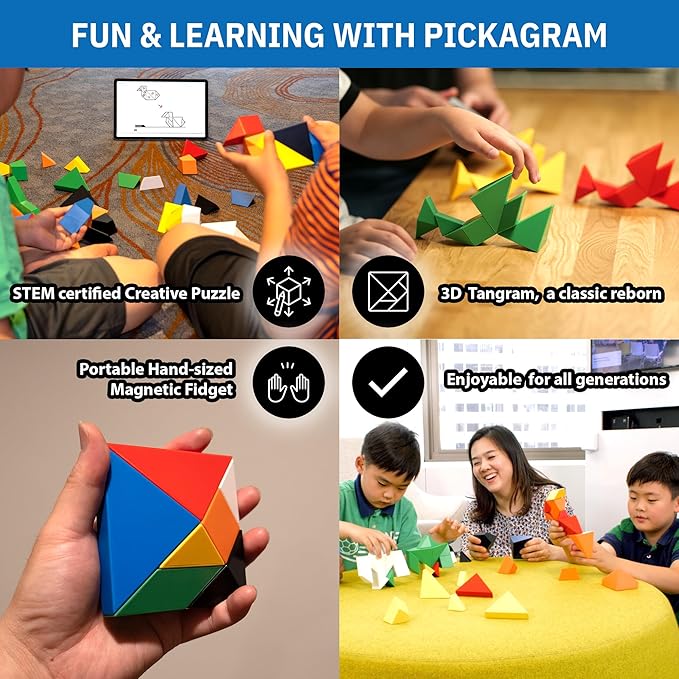 Pickagram Tangram 3D Magnetic Puzzle for Kids (8-12), Adults & Seniors | STEM Certified Fidget Puzzle - Magnetic Pattern Blocks for Cognitive Development, Creativity & Focus - White