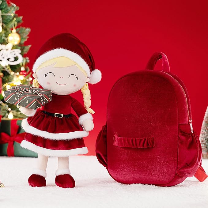 Gloveleya Plush Backpacks Toddler Backpack Removable Doll and Backpack Christmas Gifts Baby Girl Gift For 2 to 8 Years Girl Birthday Gifts With Red Doll 11”