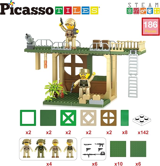 PicassoTiles Magnet Tile Building Brick Blocks Military Combat Force Theme Magnetic Tiles Construction Block Playset 4 Character Action Figures with Weapons Interlocking Bricks STEM Toy Ages 3+ PTL18
