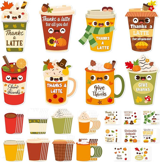 ANGOLIO Fall Coffee Stickers Craft Hanging Kit for Kids- 123pcs DIY Coffee Cup Thanks a Latte Sign Stickers, Autumn Ornaments for Boys Girls, Classroom Thanksgiving Decorations Exchange Party Supplies