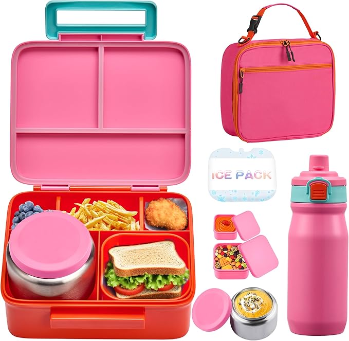 MAISON HUIS Kids Bento Box Set - Includes 8oz Soup Thermo, Insulated Lunch Bag & 17oz Stainless Steel Water Bottle, 5-Compartment Bento Box with Built-In Ice Pack, Leak-Proof & BPA-Free(Pink)