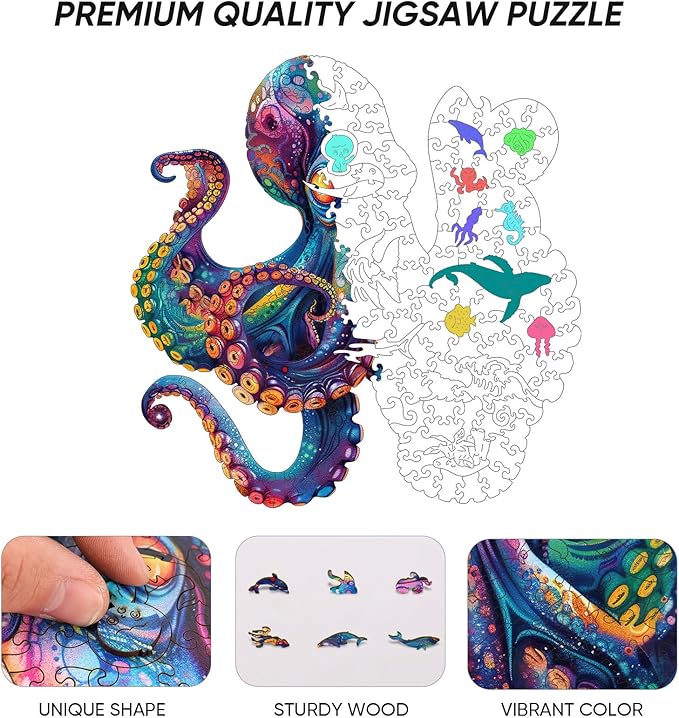 Wooden Puzzles for Adults, Octopus Ocean Jigsaw Puzzles 200 Pieces Unique Animal Adult Puzzles, Irregular Wood Puzzles Creative Gift for Adults and Kids Family Game (11.2x11.2 in)