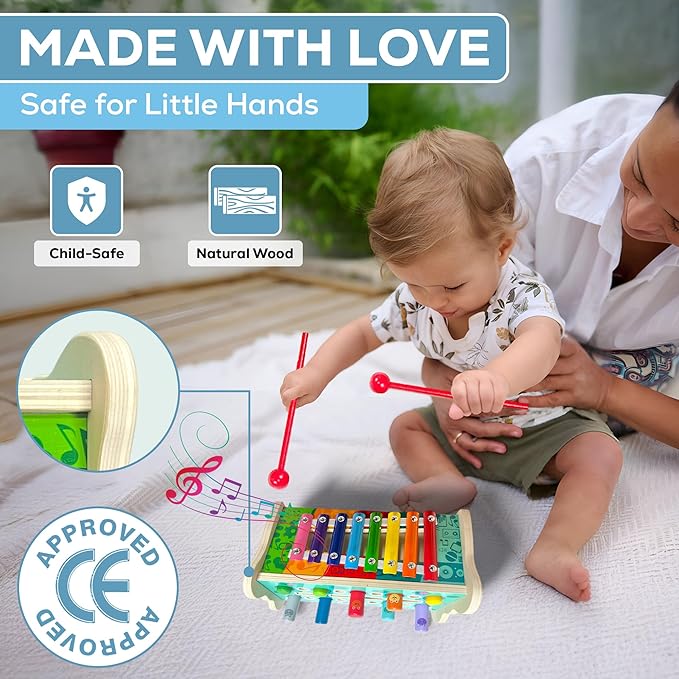 Montessori Wooden Hammering Toy โ 6-in-1 Xylophone, Pound Bench, Shape Sorter & Learning Tool for Toddlers | Educational Musical Toy for Boys & Girls Ages 1โ5 | Develops Motor Skills & Sensory Play