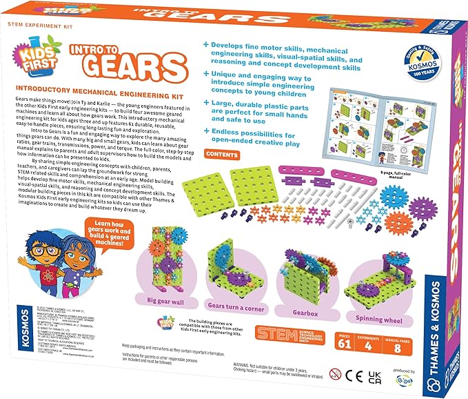 Thames & Kosmos Kids First: Intro to Gears STEM Experiment Kit for Ages 3+ | Build 4 Models, Learn About Gears, Power & Motion | Intro to Mechanical Engineering for Young Learners | Durable Parts