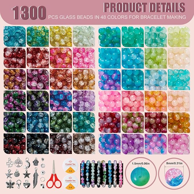 1300 Pcs Glass Beads for Jewelry Making โ 8mm Beads in 48 Colors, 2 Box Set of Bulk Glass Beads for Bracelets, Crafts & DIY Gifts