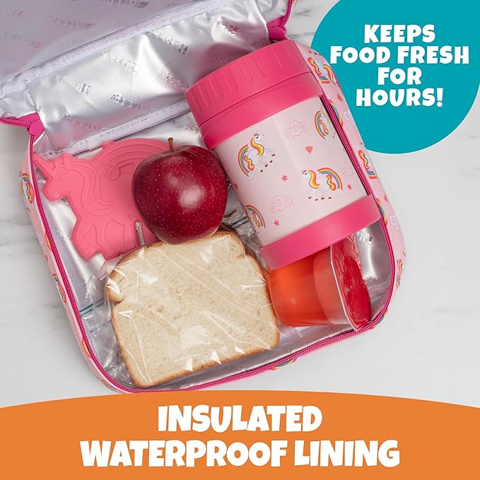 Bentology Kids Lunch Bag Set w Matching Reusable Food Jar & Hard Ice Pack- Unicorn- Insulated Tote, Stainless Steel thermos & Freezer Pack to Keeps Food Fresh for Hours- Back to School Lunch Box Kits