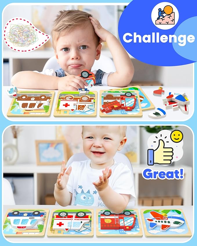 Benresive Wooden Toddler Puzzles, Montessori Toys for 1 2 3 Year Old Boys, Toys for 1 2 3 Year Old Boy Birthday Gifts, 4 Pack Vehicle Toddler Learning Educational Puzzles