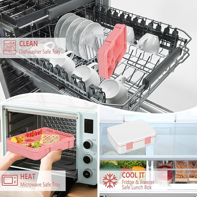 Kids Bento Lunch Box with Ice Pack, 5 Compartments Leak-Proof Bento Box with Utensils, 5.5-Cup Capacity for Adults & Ages 8+, BPA Free, Microwave & Dishwasher Safe, Pink