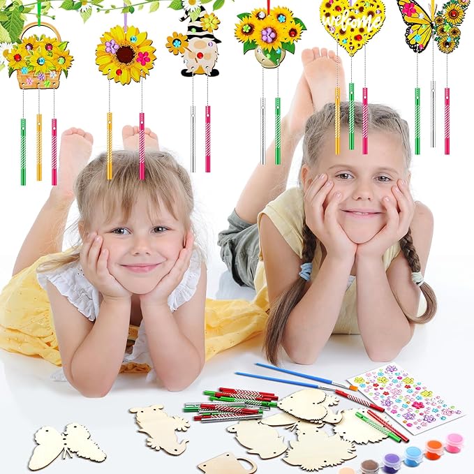 JellyArch 30 Pack Summer Wind Chime Making Kit for Kids, Make Your Own Sunflower Butterfly Gnome Wind Chime Wooden Spring Ornaments for Girls and Boys DIY Crafts Activity Birthday Decoration