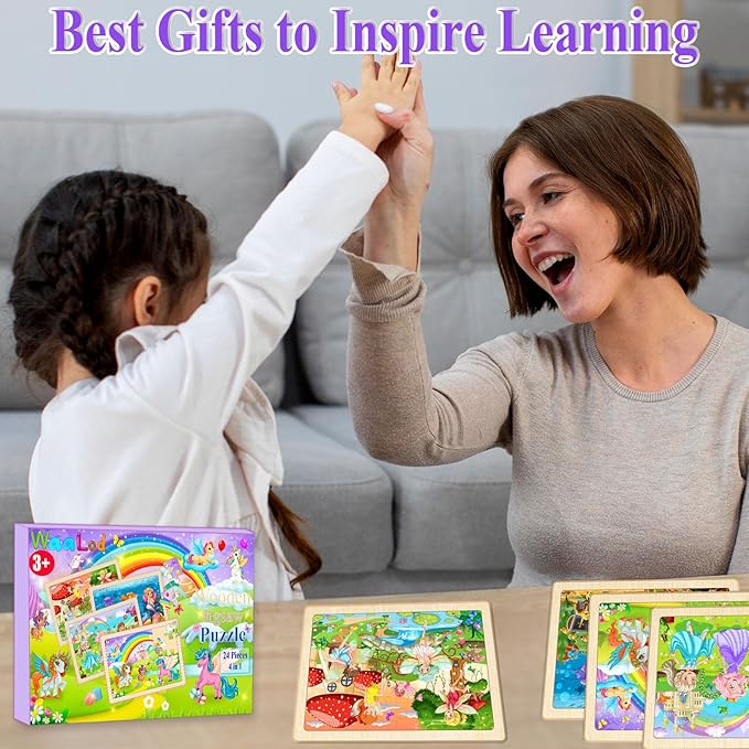 Wooden Puzzles for Kids Ages 4-6, 4 Pack with 24 Pieces Unicorn, Mermaid, Princess, Elf Wooden Puzzles for Toddlers Set, Educational & Learning Puzzles, Toys Gifts for 3 4 5 6 Year Old Boys Girls