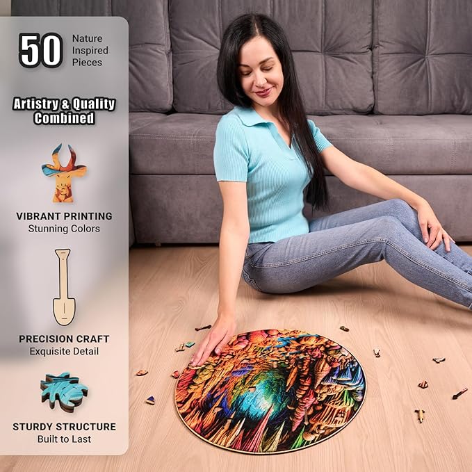 LEOGOR Wooden Jigsaw Puzzles for Adults 500 Pieces (18x17.9 in), Large High End Round 3D Vision Cave Puzzle with Mosaic Shapes, Thick 5mm Wood, Difficult Brain Teaser, Premium Puzzle Gifts for Adults