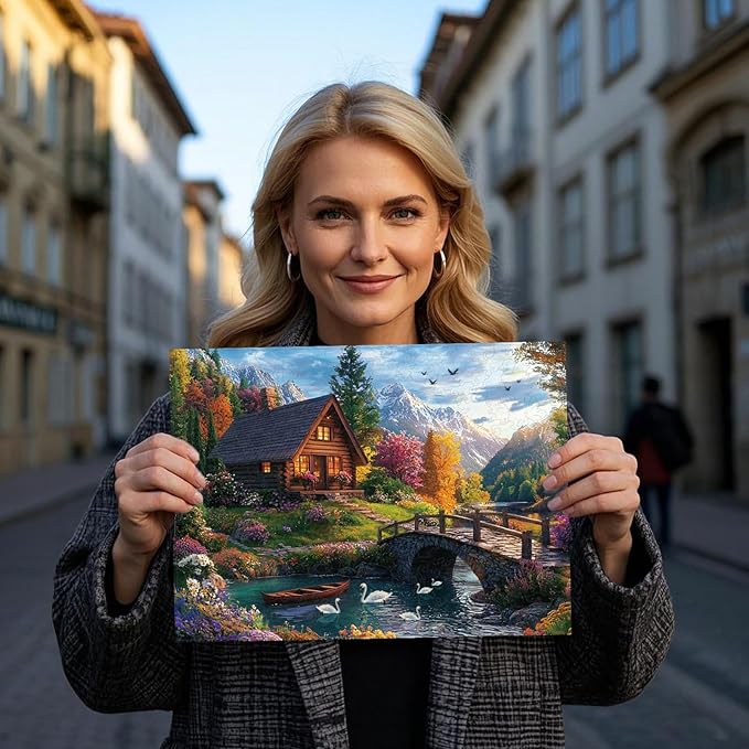 GLOBLELAND 300Pcs Riverside Cottage Wooden Jigsaw Puzzles for Adults 11.22x15.16inch Colorful River Landscape Wood Puzzles for Holidays Birthday Gifts