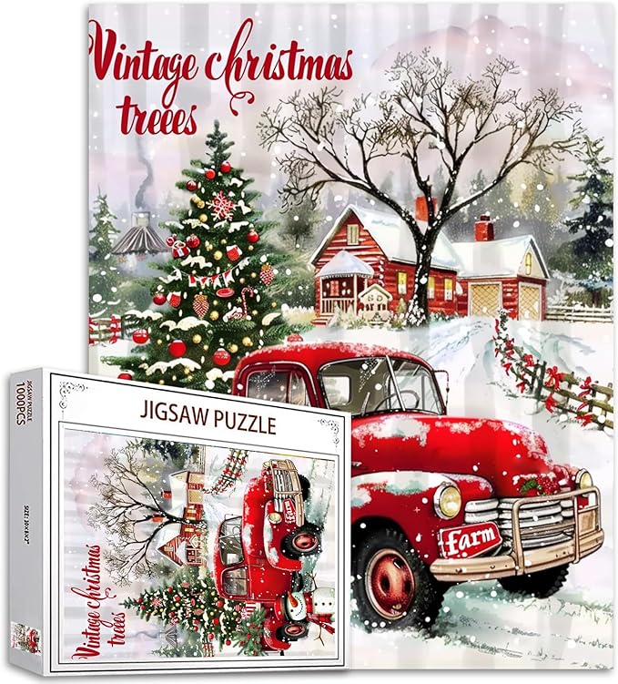Christmas Puzzles 1000 Pieces for Adults, Families (Christmas Tree,Wooden House,Red Car,Forest) Pieces Fit Together Perfectly 19.7''x27.6''inch Winter Landscape Magic Puzzle Art Boho Gift(Red)