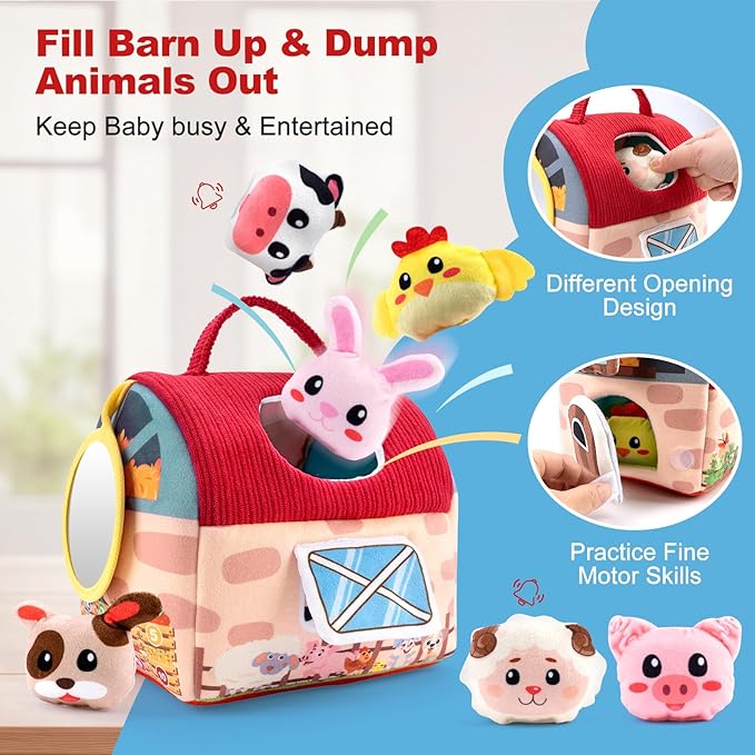 Baby Toys 6-12 Months, Montessori Sensory Newborn Toys, Stuffed Farm Animals with Rattle, Mirror, Crinkle Paper, Gift for 6-12 12-18 Months 1-3 Year Old Toddlers Boys Girls