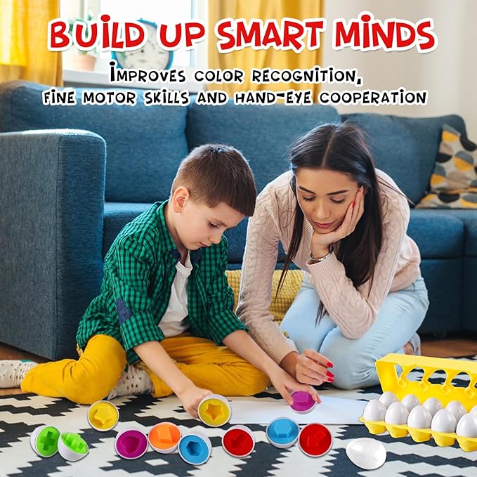 LOOIKOOS Easter Egg Toy for Toddlers 12 pcs Set Color & Shape Recoginition Sorter Puzzle for Easter Travel Bingo Game Early Learning Educational Toys Kids