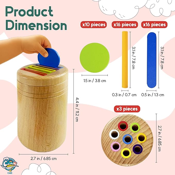 OAR Montessori Toys for Toddlers 1-3 โ 3 in 1 Wooden Fine Motor Skills Toy Set | Color Sorting, Coin Drop, Sensory Learning | Educational Beech Wood Toys for Boys and Girls