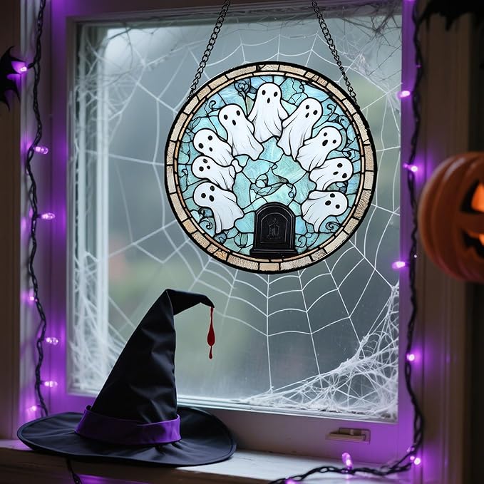 Stained Glass Window Hanging - Halloween Decorations Ghosts Tombstones Suncatcher for Doors Garden Indoor Spooky Funny Sun Catchers Gothic Decor Horror Gifts for Women Men Friend 9.8 in