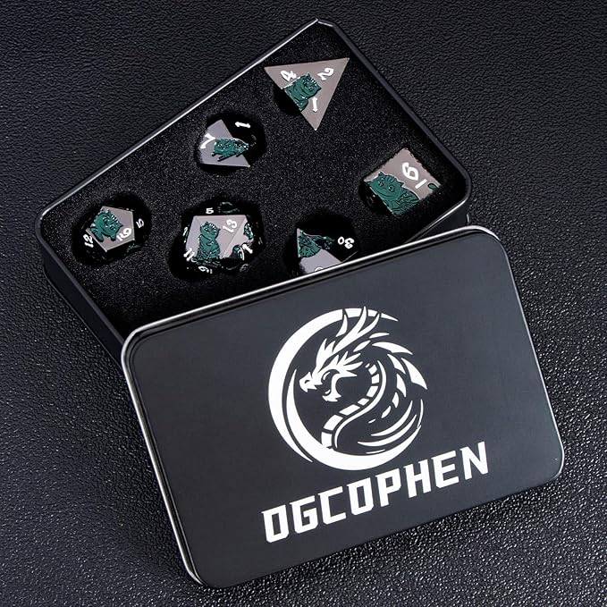 Metal DND Cat Dice 7PCS Polyhedral RPG Dice Set with Gift Case for Dungeons Dragons Role Playing Game, D and D Dice D6 D8 D10 D12 D20 D% (Green Black)