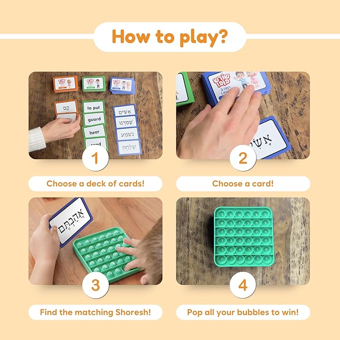 THE FIDGET GAME Shoresh Pop! - Word Pop in Hebrew Learning, Educational Phonemic Awareness Toys for Grades 1 to 5, Interactive Fun with 50 Shorashim (Root Words) - 3 Decks of Cards Included