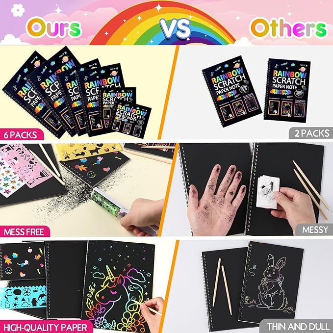 6 Packs Rainbow Scratch Notebook, Scratch Art for Kids with Reusable Cleaner Tool, Mess-Free Crafts for Kids Ages 4-8, Travel, Party, Art Supplies, DIY Gifts for 4 5 6 7 8 9 Year Old Girl Boy
