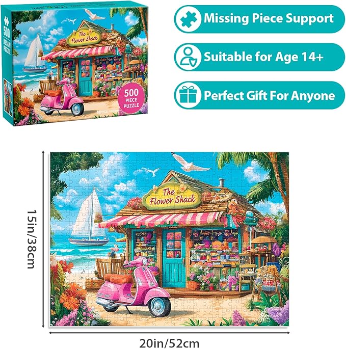 500 Pieces Puzzle for Adults, Beach House Flower Puzzle, Recycled Cardboard Jigsaw Puzzles 500 Pieces, Challenging Puzzles Game Home Art Decor Birthday Party Gift Toy for Teens Seniors 20.5 * 15 inch