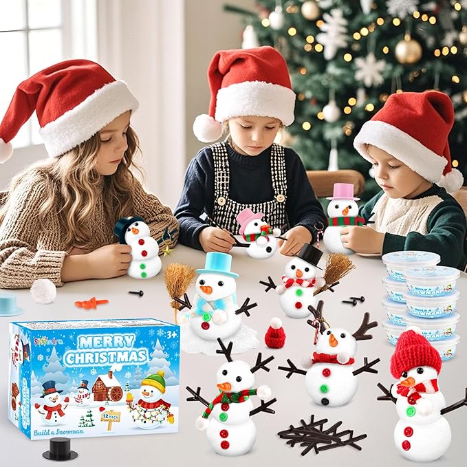 Shemira 12 Pack DIY Snowman Kit, Christmas Crafts for Kids, Modeling Air Dry Clay Craft Kits for Kids, DIY Christmas Ornaments Kits,Party Favors Stocking Stuffers
