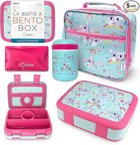 Bento Lunch Box for Kids with Thermo Food Jar for Hot Food Soup, Insulated Lunch Bag and Ice Cold Pack Set, Stainless Steel Lunch Thermal, Container Boxes with 4 Compartments, Koala