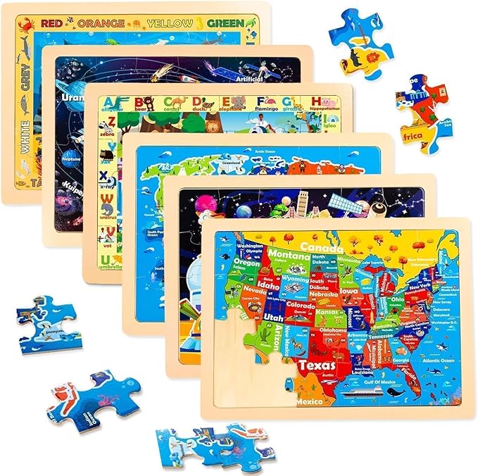 Wooden Puzzles for Toddlers 3 5, 6 Packs 24Pcs Solar System Wooden States World Map Kids Puzzles Ages 4 8, Preschool Educational Brain Toys Gifts for Boys and Girls 2 4 3 5 Year Old