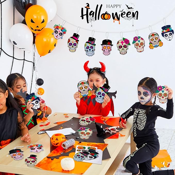 Sumind 24 Sets Day of Dead Decorations Sugar Skull Crafts Kits for Kids Dia De Los Muertos Decor Halloween Ghost Ornaments Halloween Day of Dead Fiesta Party Supplies Fun Home Activities Classroom