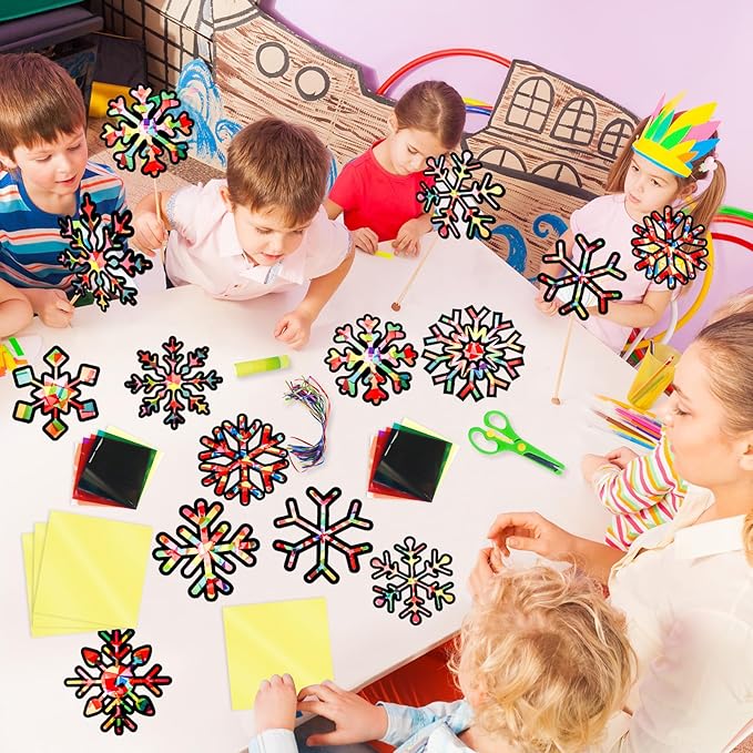 EggSun 36 Sets Snowflake Suncatchers Craft Kit for Kids Ornaments Stained Glass Effect Window Arts and Crafts Kit for Classroom Holiday Birthday Projects Home Favors Decorations Ages 4 8 12