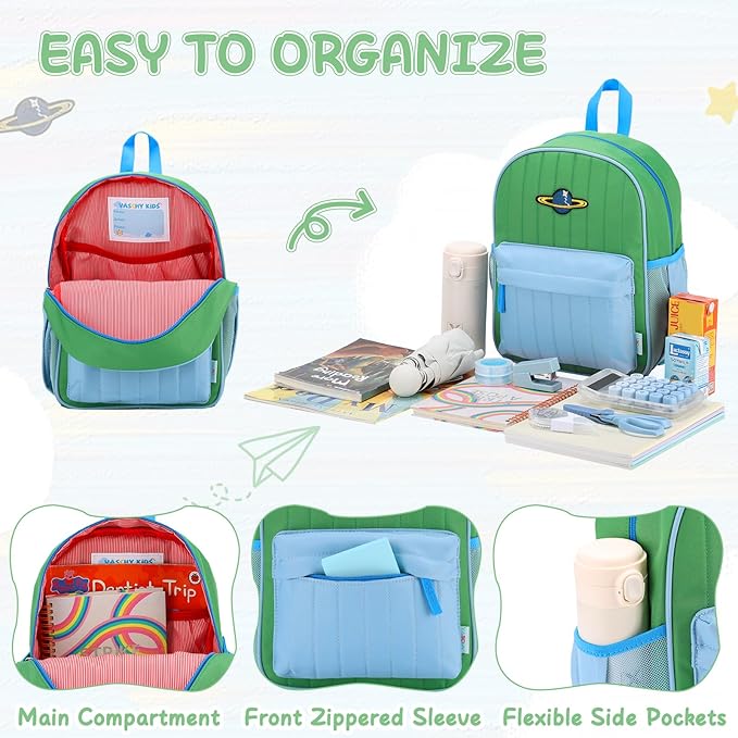 VASCHY Toddler Boys Backpack, Kids' Small Lightweight Quilted Color-blocked Bookbag School Backpack for Daycare Children Green Blue