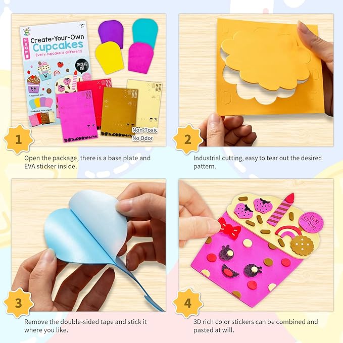 VKPI 4 Pieces EVA Foam Art Crafts Gift Kit, Creative Make Your Own Cupcakes, Cartoon Foam Paper Craft Projects for Kids Ages 4+ Toddler, Preschool Learning Toy for Birthday Party Favor Supplies
