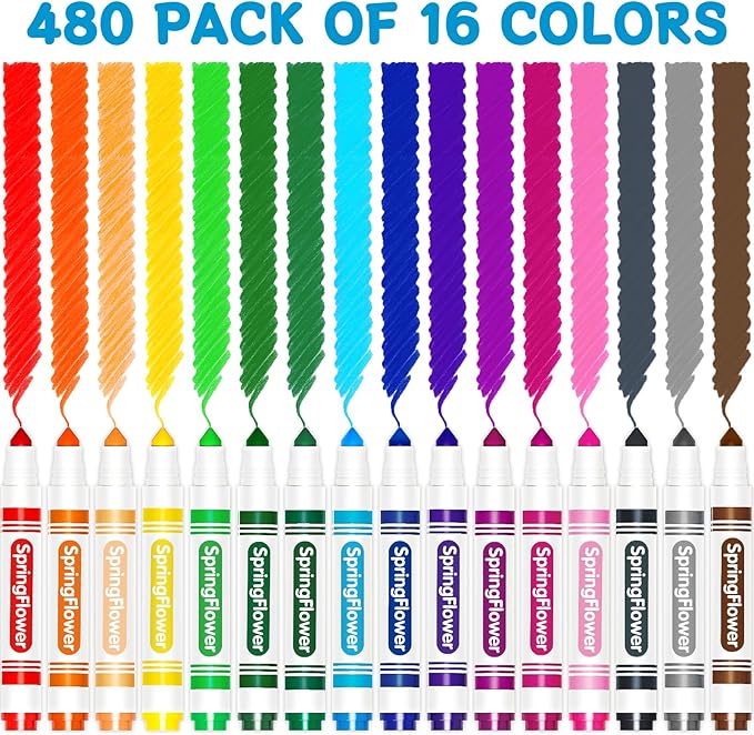 SpringFlower 480 Count Washable Markers Bulk, 16 Assorted Colors Markers Bulk Back to School Classroom Supplies, Broad Tip for Kids, Classroom School Teacher Must Haves