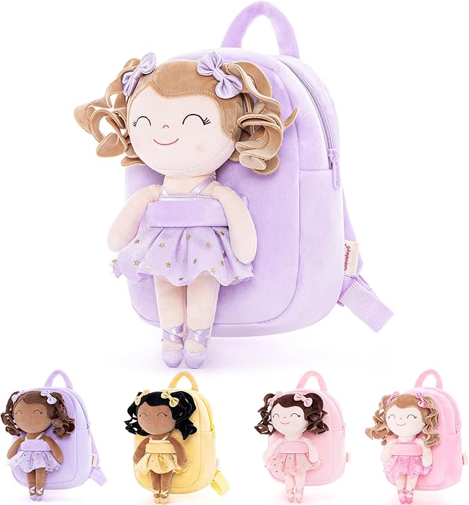 Gloveleya Toddler Backpack Baby Ballerina Girl Gifts Plush Curly Hair Ballet Backpack - White Purple 9 inches