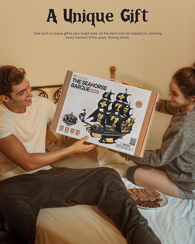 ROBOTIME Seahorse 3D Wooden Puzzles for Adults, Black Sailboat Model Kits for Boys and Men, Home Office Decor Gifts Pirate Ship Building (603 Pcs)