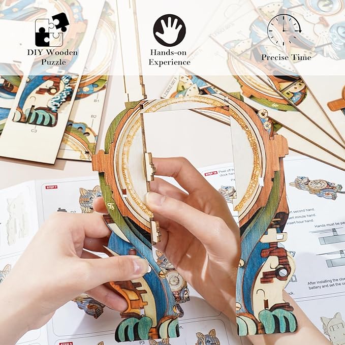 3D Wooden Puzzles for Adults Cat Clock - Model Building Kit Clock Puzzle Creative Craft Gift Home Deco for DIY Enthusiasts, Brain Teaser Building Set Birthday Gifts