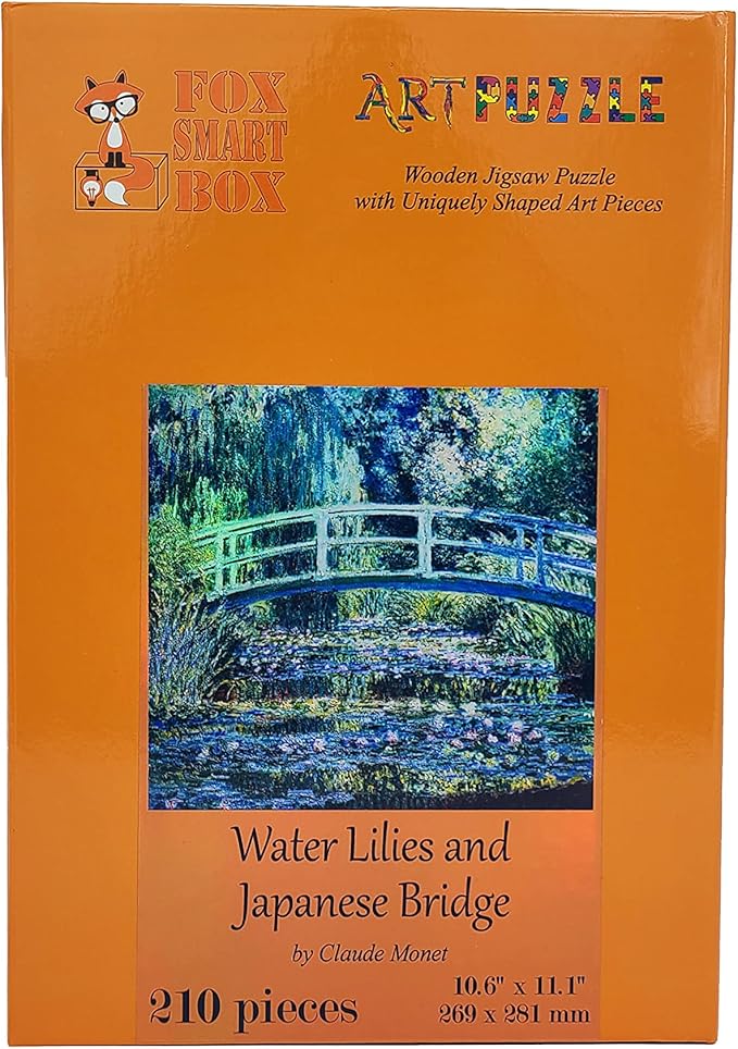 Wooden Jigsaw Puzzle for Adults - Uniquely Shaped Pieces - Made in The USA by FoxSmartBox - 210 Pieces - Water Lilies and Japanese Bridge