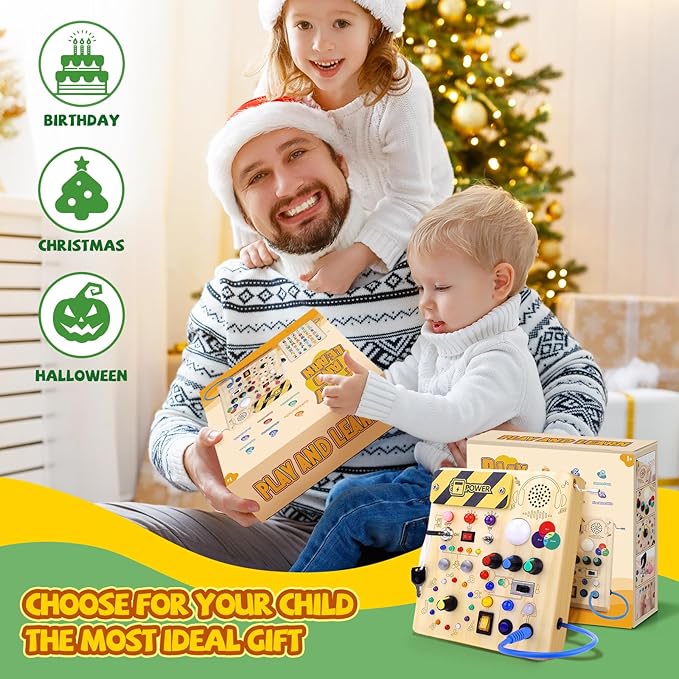 Busy Board,Montessori Toys for 1-3 Years Old, Wooden Toddler Toy, Autism Sensory Travel Toys, Ideal Gift for 1+ Year Old Boys (Busy Board v5)