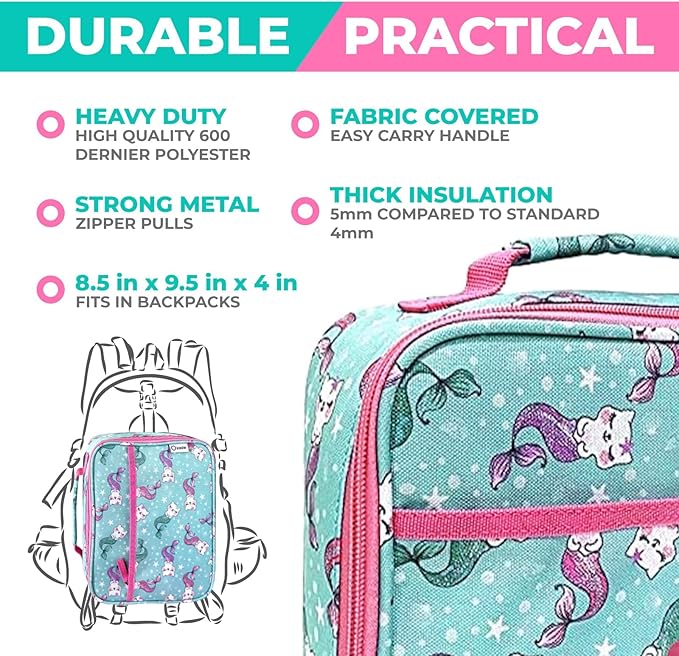 Bento Box with Stainless Steel Food Thermo for Hot Food or Soup, Insulated Lunch Bag, and Ice Pack Set for Kids Girl Toddlers. Ages 3 to 7 Pink Aqua Cat Mermaid