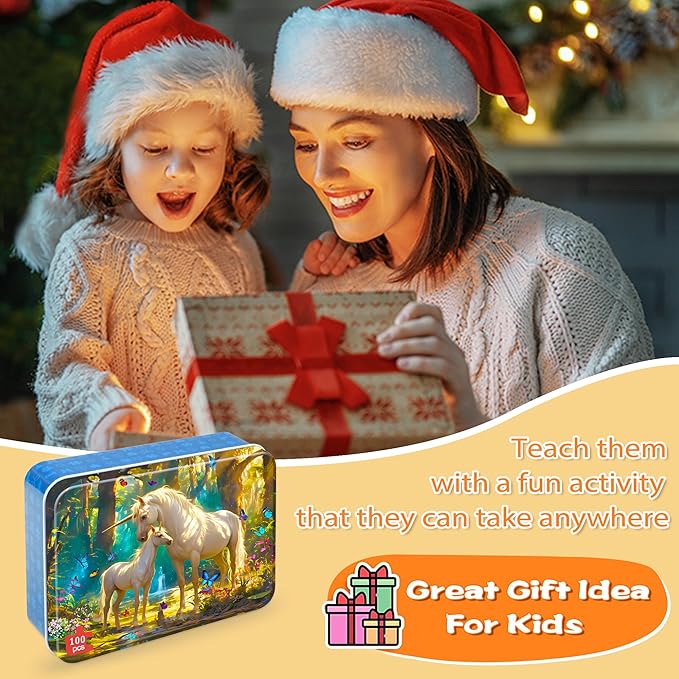 LELEMON Puzzles for Kids Ages 4-6,Unicorn 100 Piece Puzzles for Kids Ages 4-8 in a Metal Box,Educational Jigsaw Puzzles 100 Piece Puzzle Games Puzzle Toys for Girls and Boys